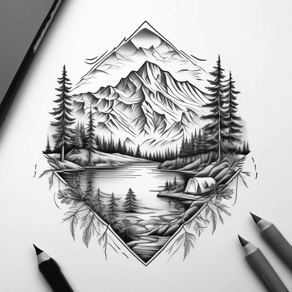 Swiss mountains with lake, forrest, small tent, campfire and flagpole with one swiss flag.