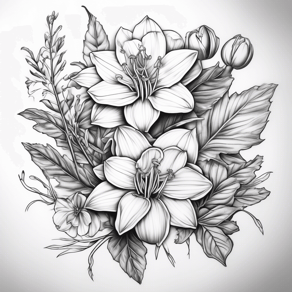 Design a tattoo with a honeysuckle flower, oak leaf, narcissus flower and elder tree leaf In botanical fine lines style