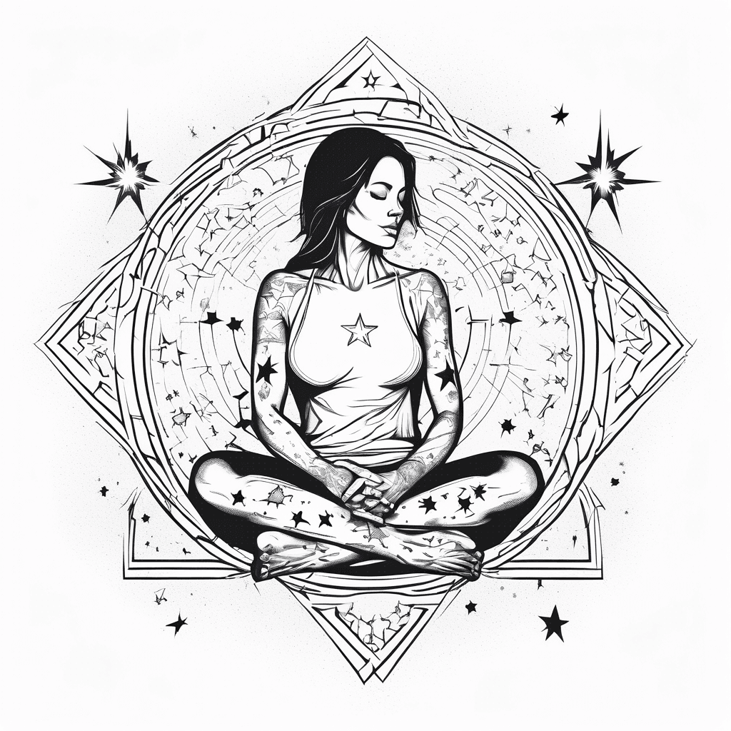 A silhouette of a individual sitting cross legged beneath stars words just be in the stars