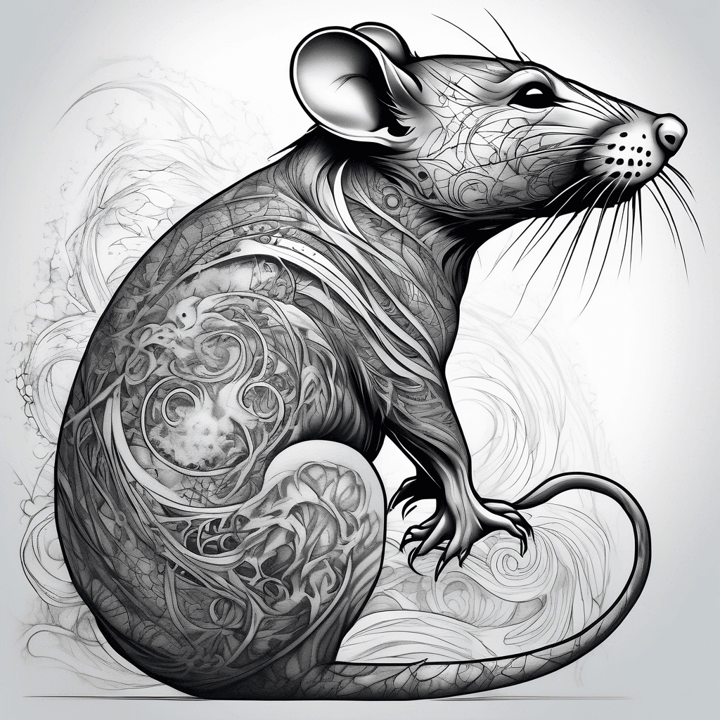 Full-body side view of a powerful ethereal rat, top half detailed with celestial patterns, bottom half fading into an abstract wave patterned gradient.