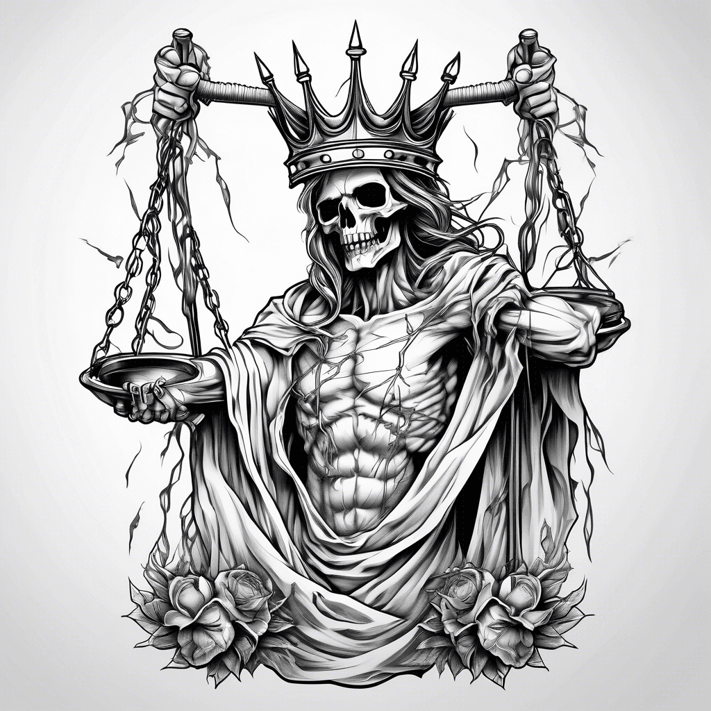 Death holding scales of justice with crown of thorns