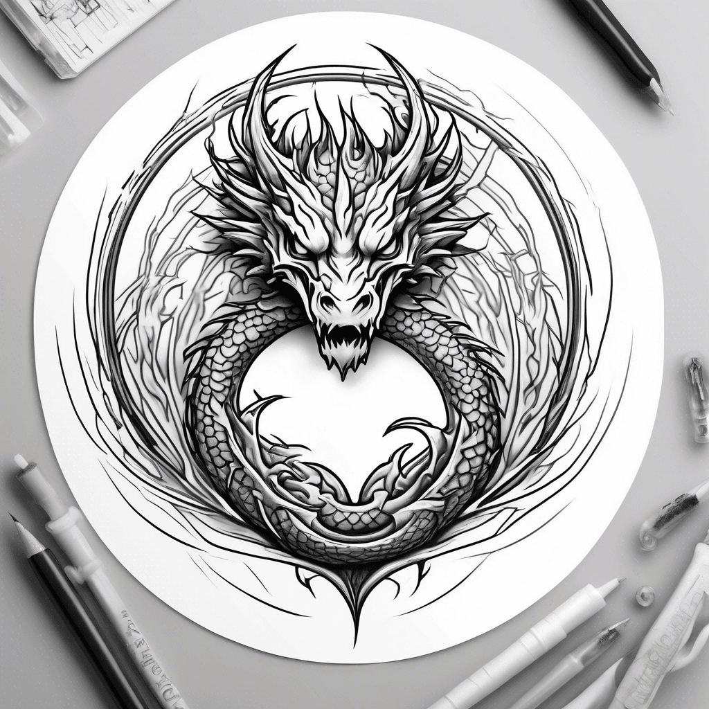 A minimalist line dragon, coiled into a loose circle holding a flaming heart