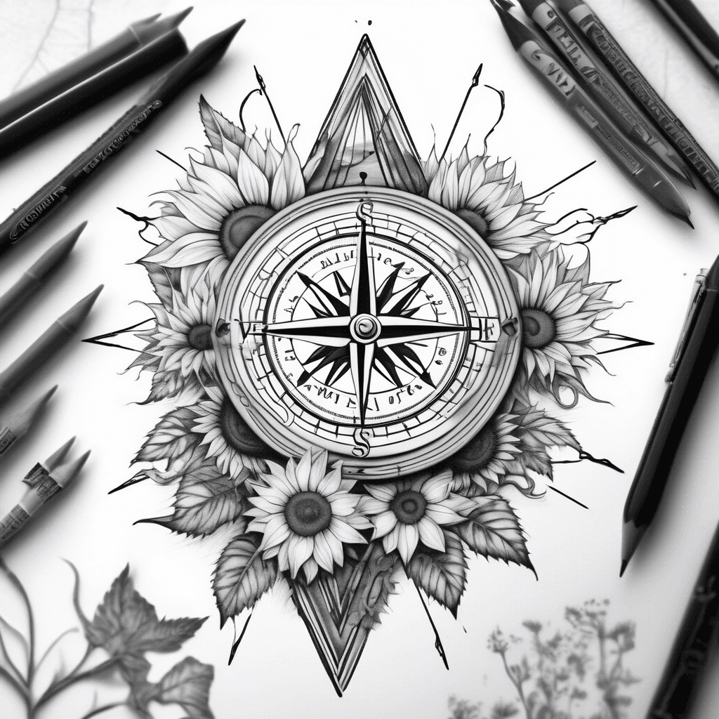 compass rose with sunflowers a lake and mountains