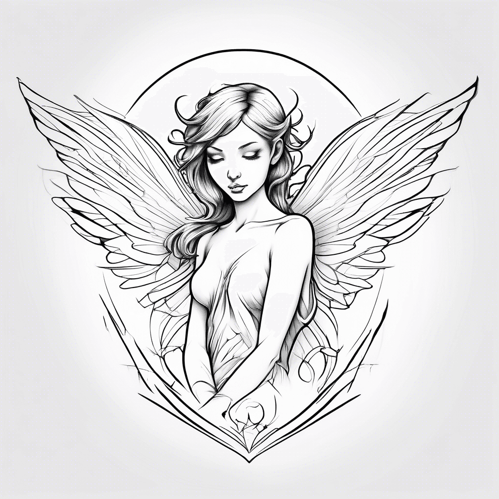 simple logo-style androgynous fairy/angel tattoo for girl's shoulder, lines only black ink