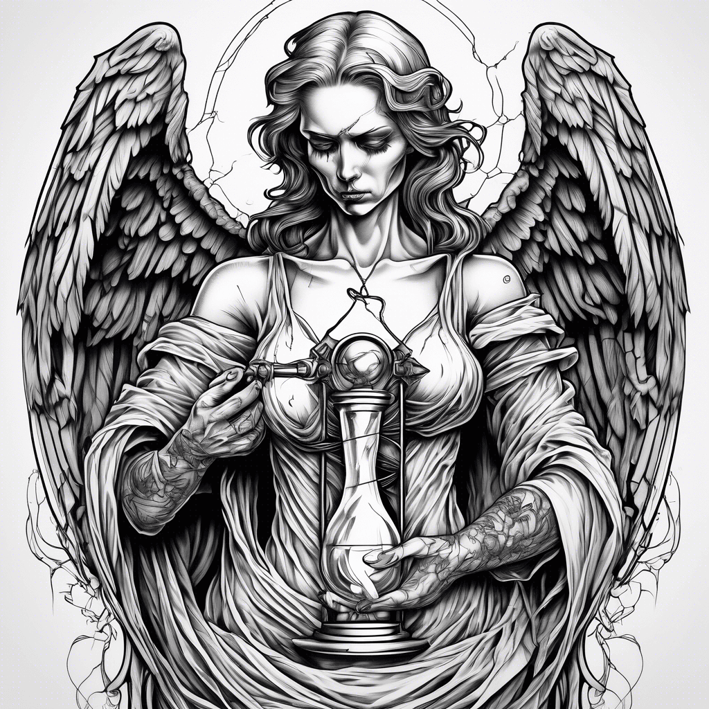 Angel of death holding an emptying hourglass