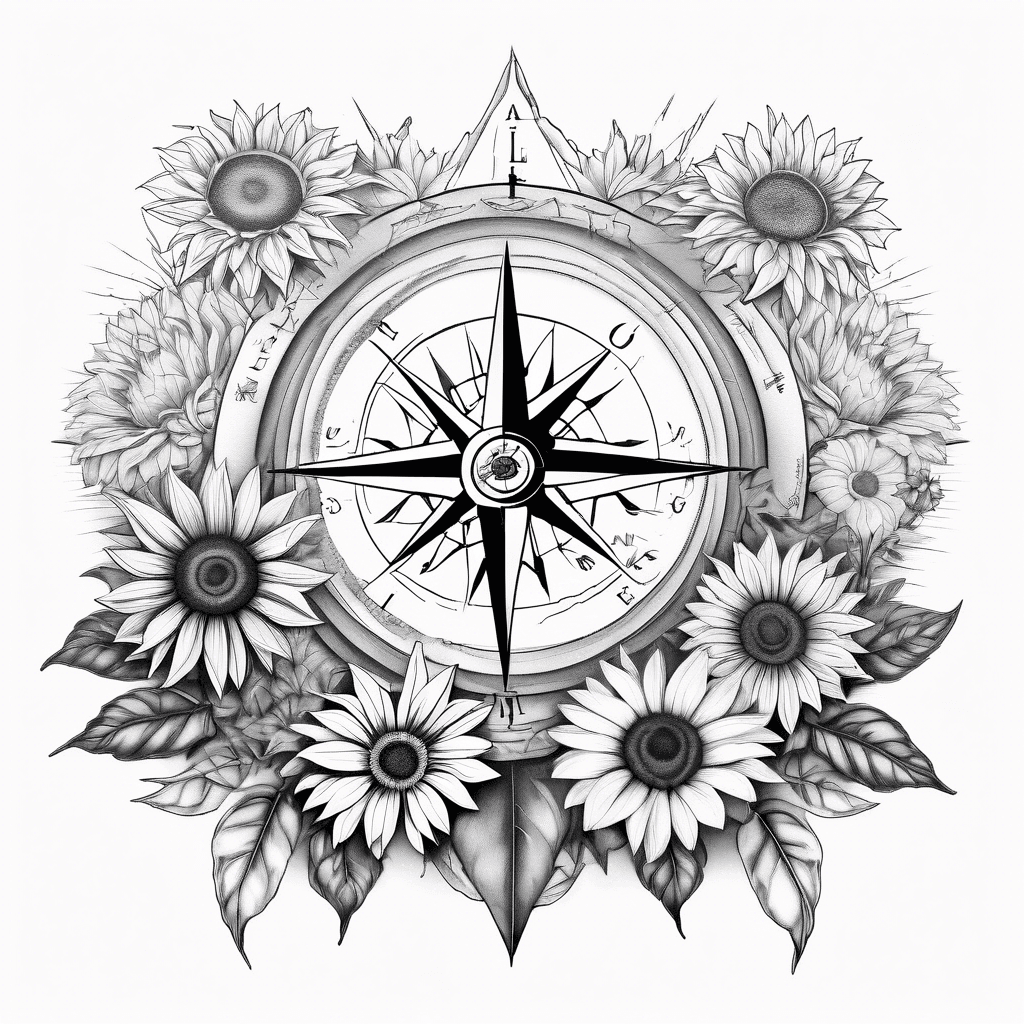 compass rose with lake and mountains and sunflowers