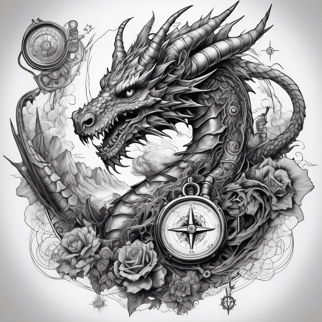 A celestial dragon holding a compass in his claws wrapping around my arm with fantasy mountains and other elements all represented in a steampunk style