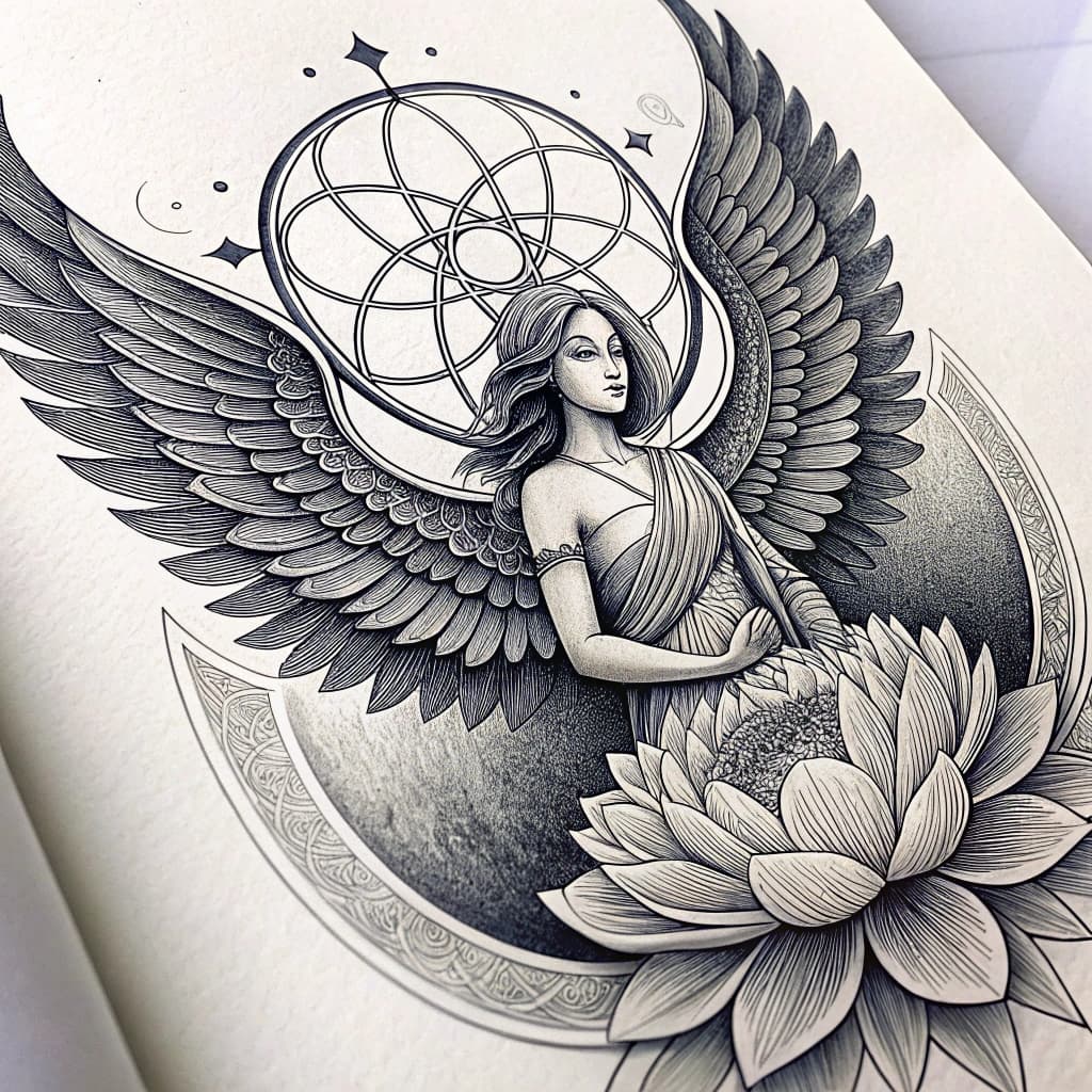 Delicate lotus and wholeness circle intertwined,energy angel with expressive wings, serene face.
