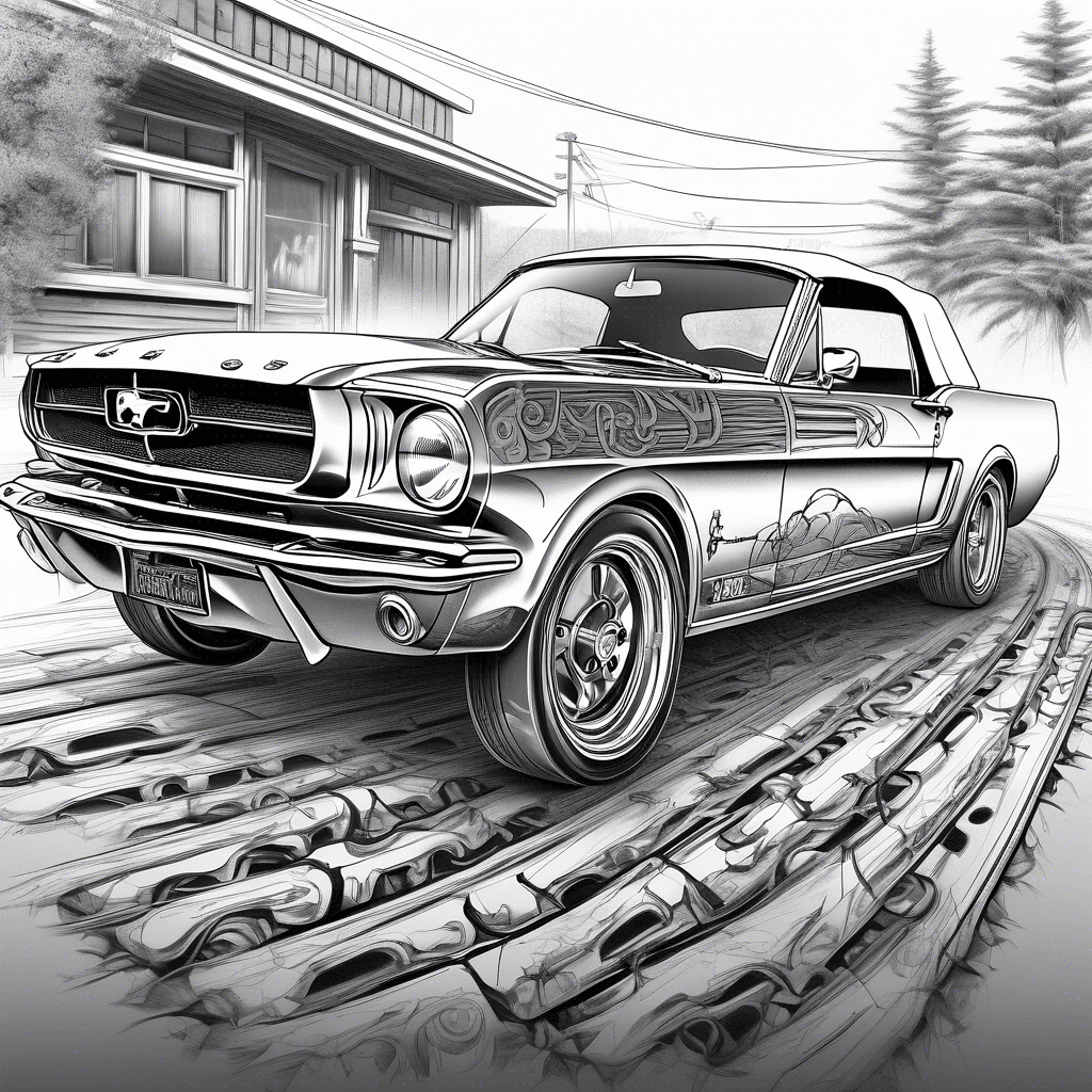 A single 1966 convertible Mustang GT framed by tire tracks.