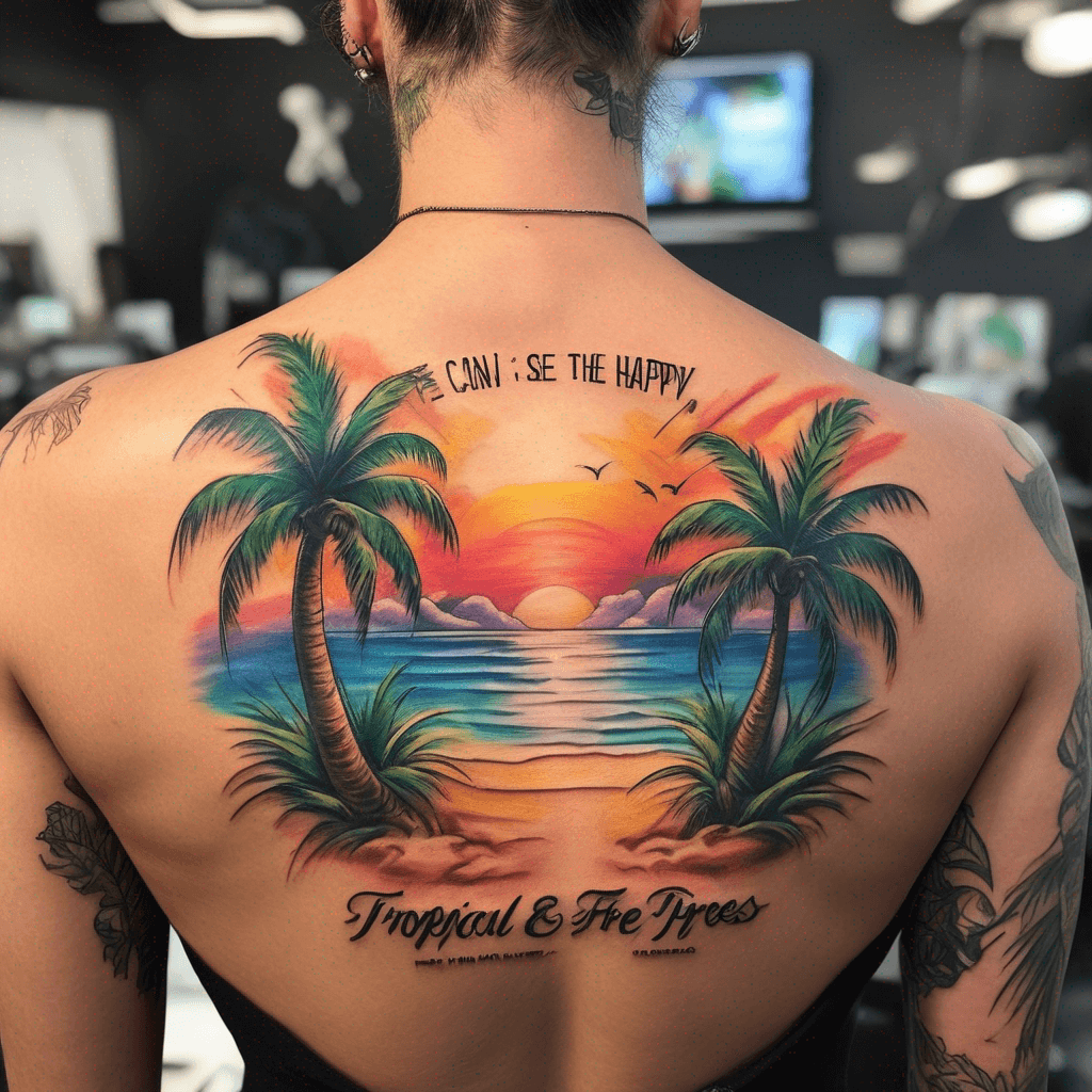 a unique and colorful tattoo taking up the entire back in text that says I CAN SEE THE FUTURE AND WE ARE HAPPY with tropical vibes like palm trees but the text takes up the entire back top to bottom