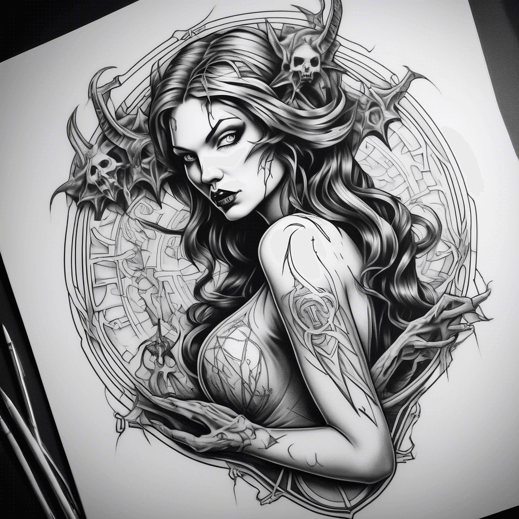 Lilith whith Mephisto on a pentagrama on the back of the picture Diablo style