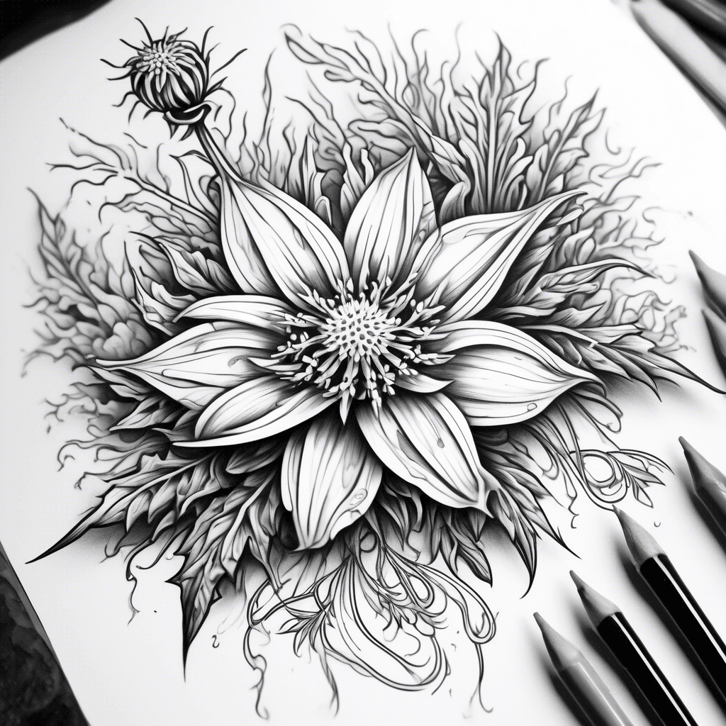 edelweiss flower with a stem, mountains and a sun