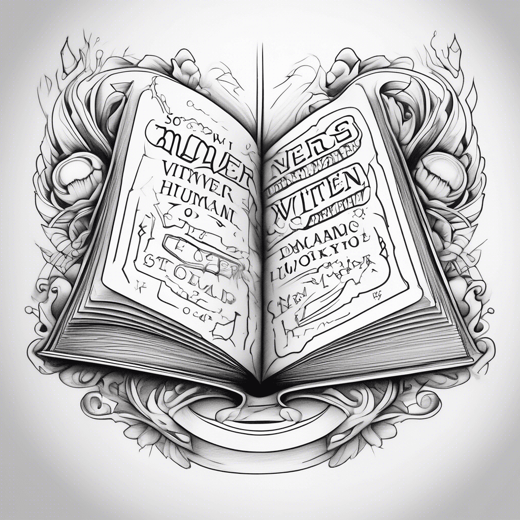 Semi open book with cool designs and the words my story’s never over written below it