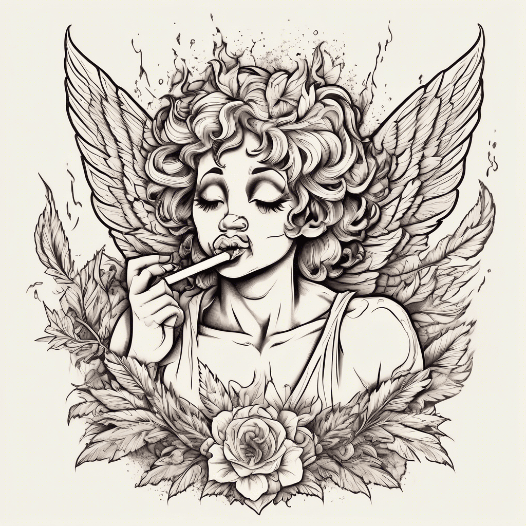 A badass Cupid smoking marijuana tattoo that looks epic and vintage.