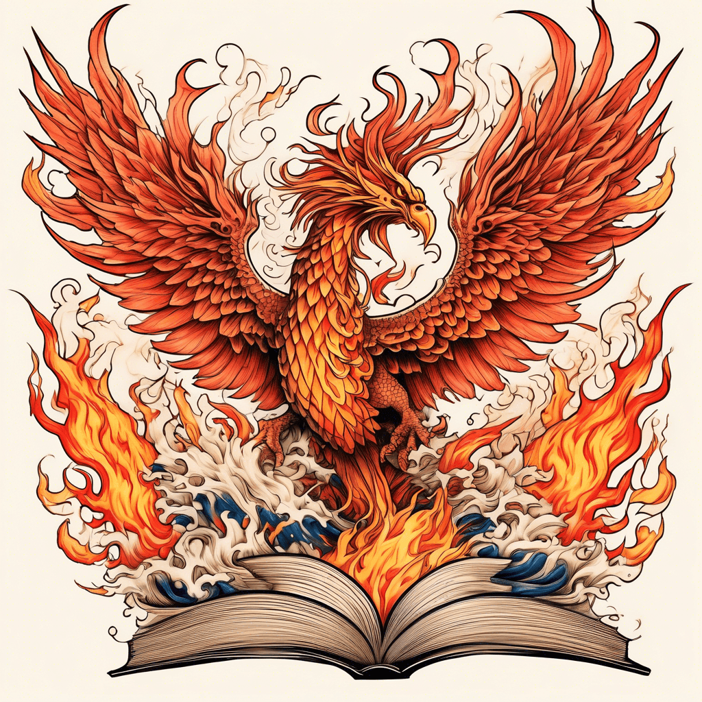 phoenix rising out of a book with flames