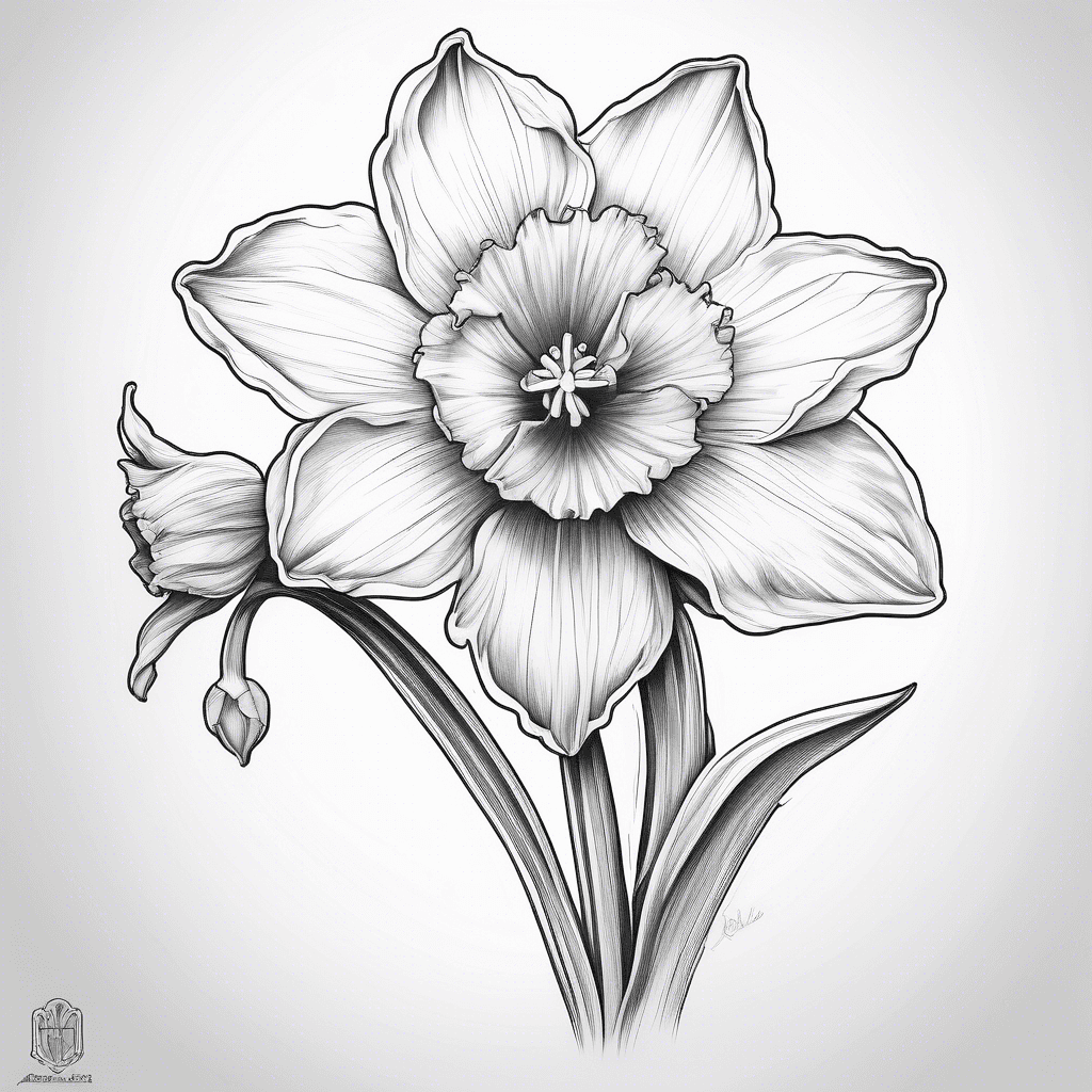 A daffodil with the name Elizabeth as the stem and 03.25.25 above or below the daffodil
