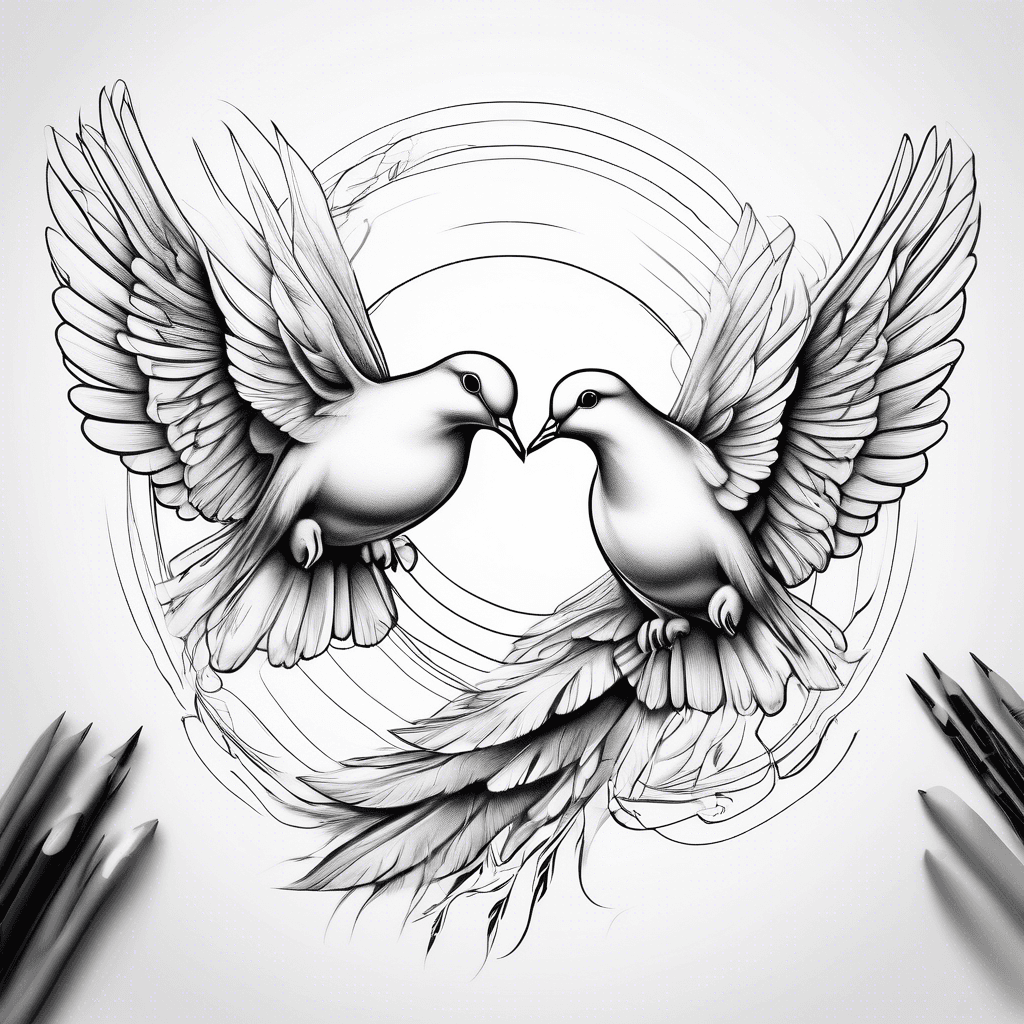 Two delicate doves circling each other, wings spread and defined feathers