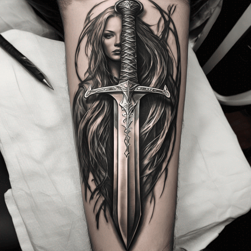 A bastard sword with a scale hanging from the hilt