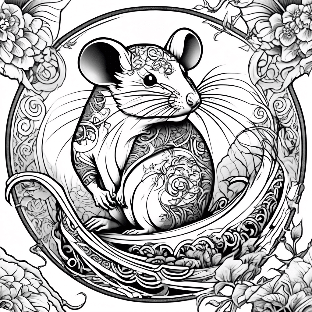 japanese anime style rat design, rat tail circular and framing, tribal wave pattern outside of tail, interwoevn with foliage