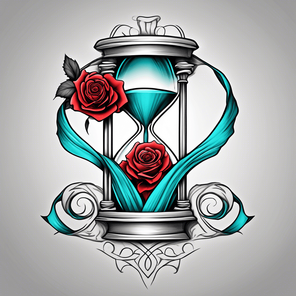 hourglass with teal cancer ribbon as outline and red rose superimposed on image