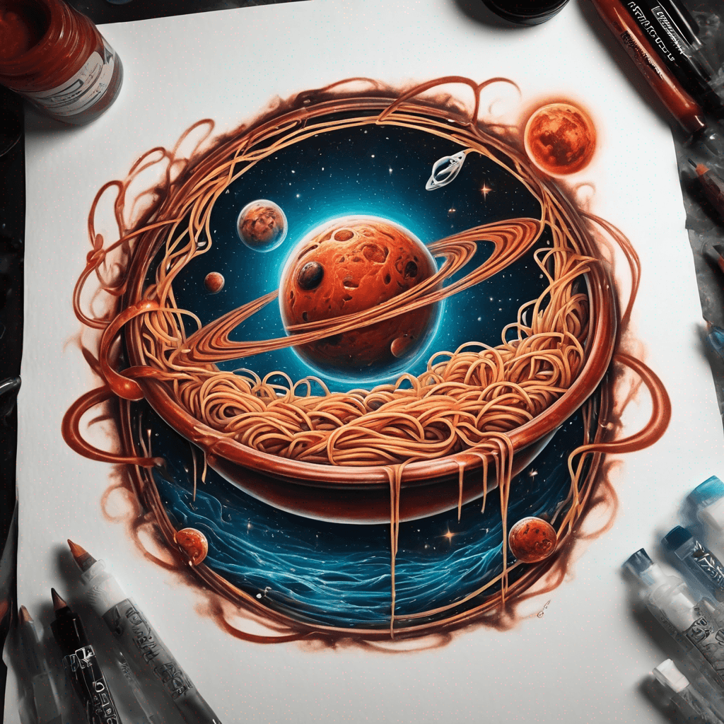 spaghetti flying into a portal to mars' swimming pool
