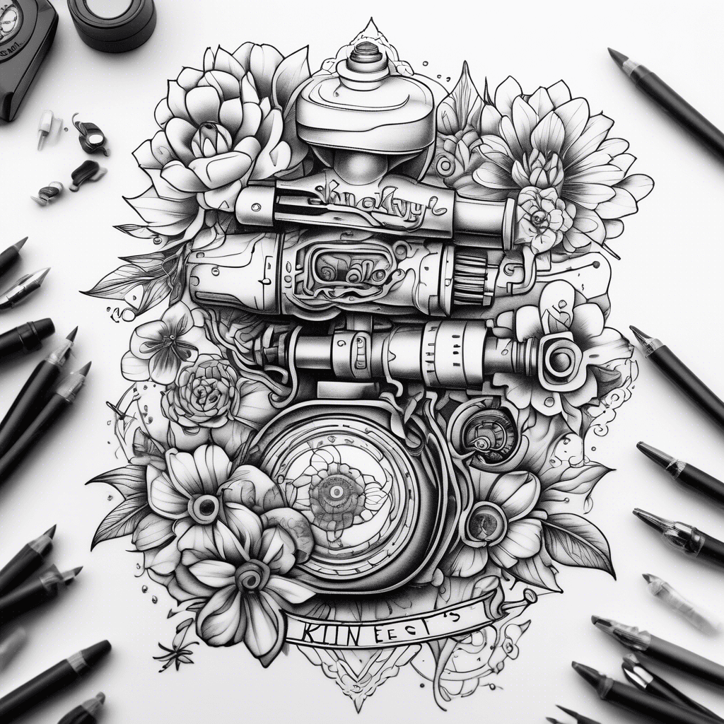 Tattoo machine, eye, flowers, mandala design, water, and the words skinky est.1999