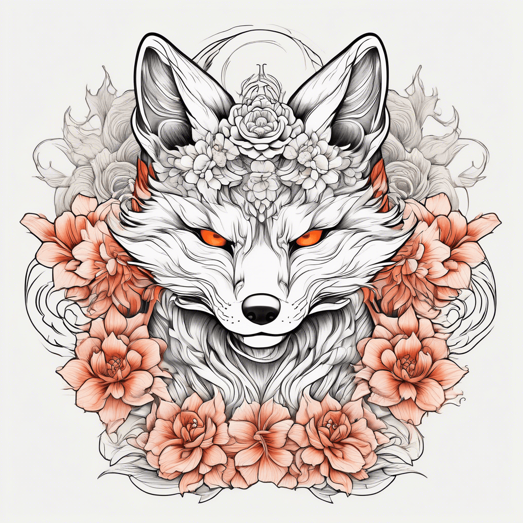Japanese fox god kitsune with flowers color