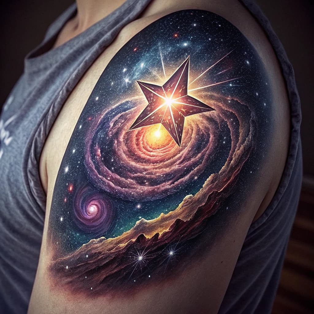 A luminous star shining brightly amidst a swirling galaxy of cosmic dust and nebulae, in deep space