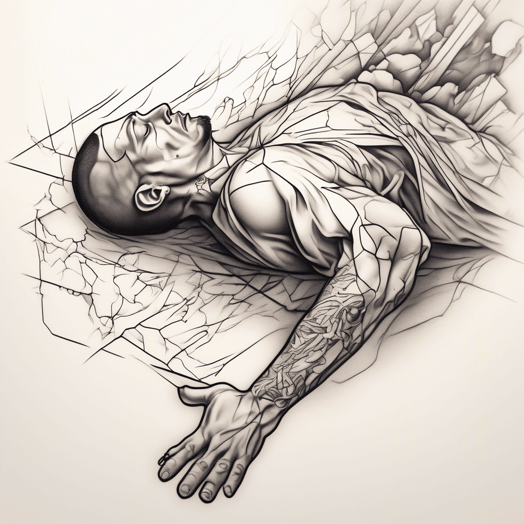 man floating with his head tilted up and his body as he was being pulled from above. he is split in a diagonal line and pieces of him are breaking as if he was made of stone. Simple lines, simple shadows almost line work