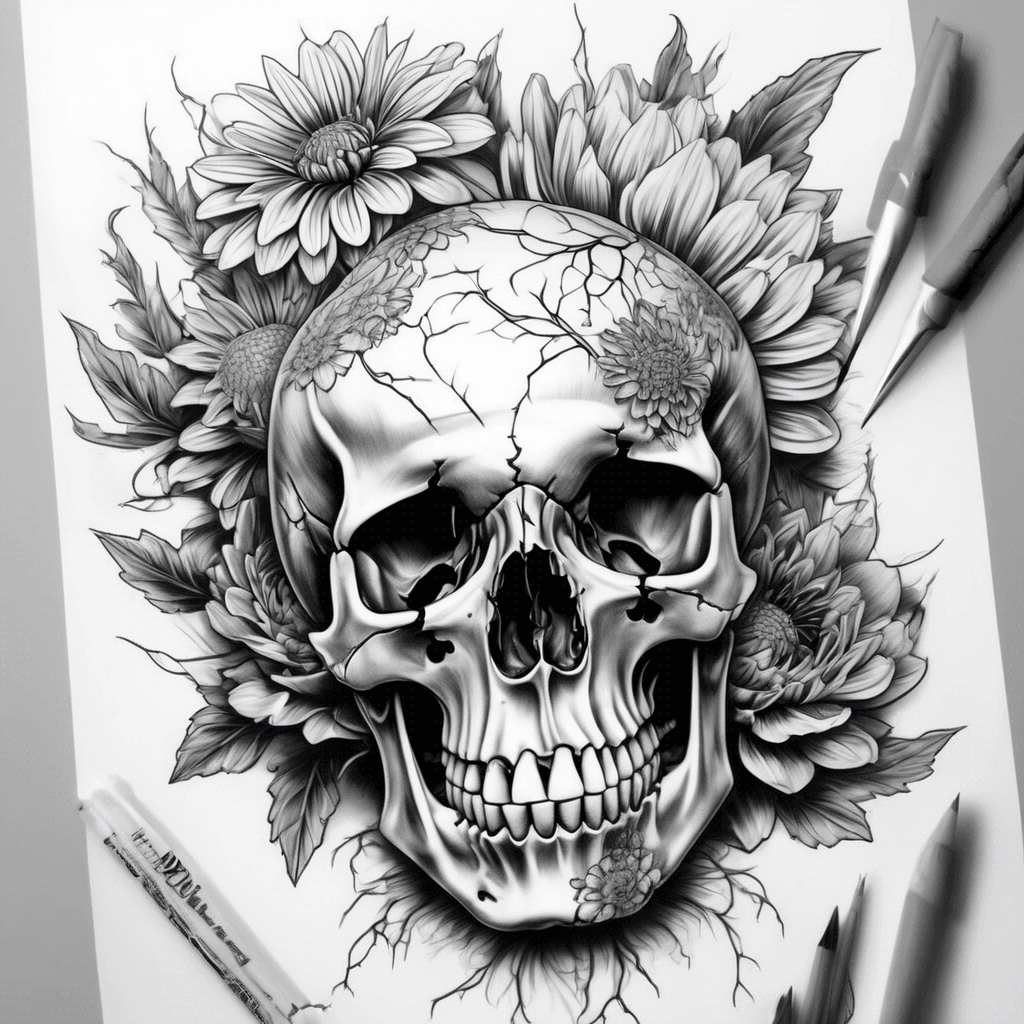 Create a detailed black and grey forearm tattoo design featuring a realistic human skull partially hidden within a blooming chrysanthemum flower. The skull should have deep shading and natural cracks to enhance realism. Surround the flower with dynamic, flowing leaves and dark, abstract thorn-like lines extending outward to add movement and contrast. The overall composition should be vertical, wrapping along the length of the forearm, with a balance of soft floral elements and sharp, dark accents for a dramatic and intense aesthetic