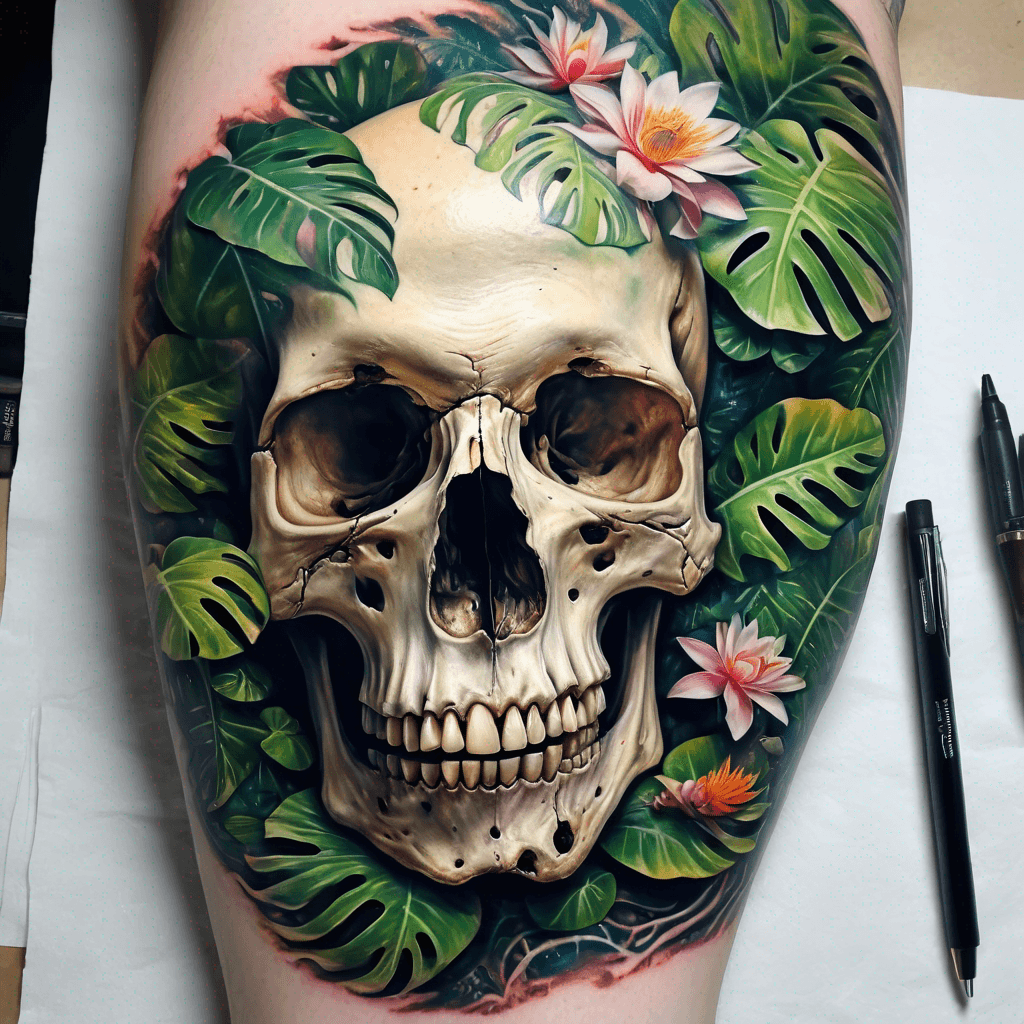 Left Sideview of a human skull covered with Huge monstera leaves white lotus flowers, a snake and bugs