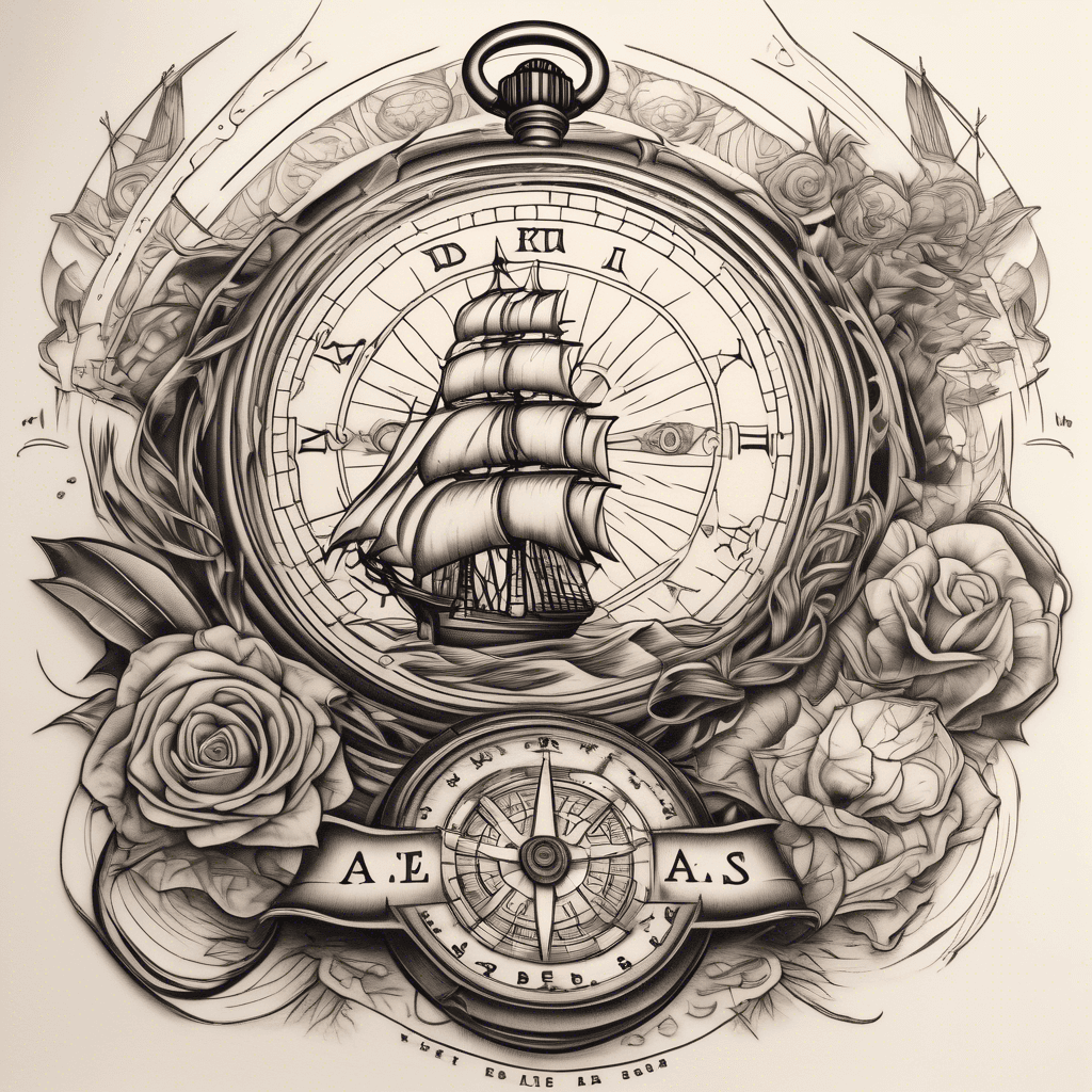 Atlas background, compass in the foreground with pocket watch, ship's wheel, and a deep quote