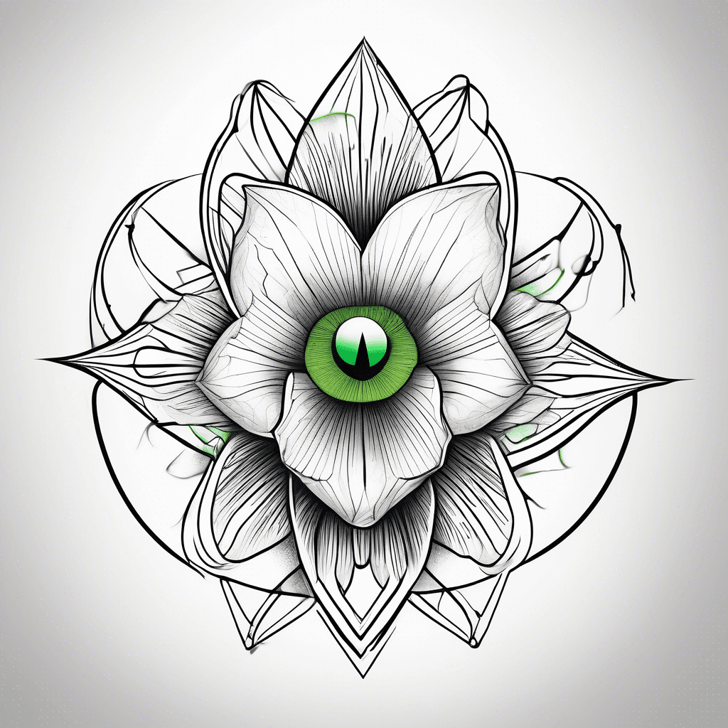 a euclidian, geometric tattoo with circles and straight lines with a green and black iris flower