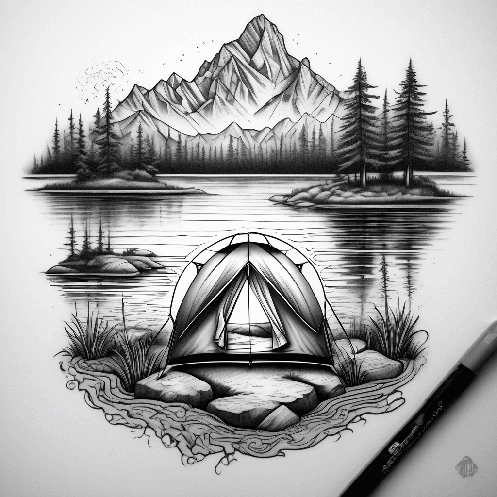 A small tent nearby a lake with mountains, forrest and sun