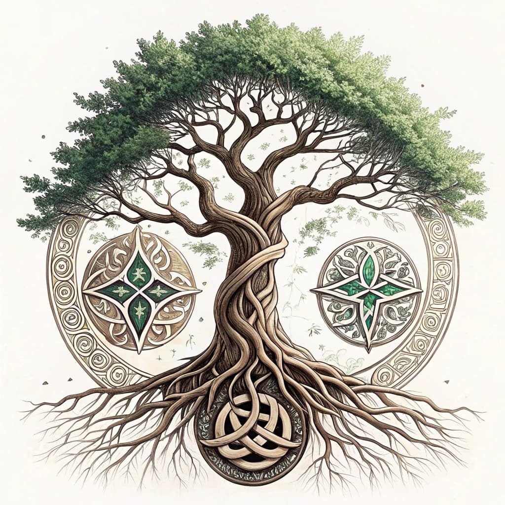 Symbolic representation of growth through a tree bonsai with roots and branches.