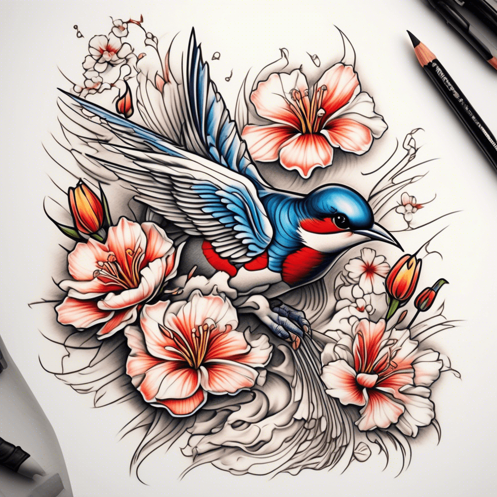 swallow wrapped in flowers like wild tulip with a light background