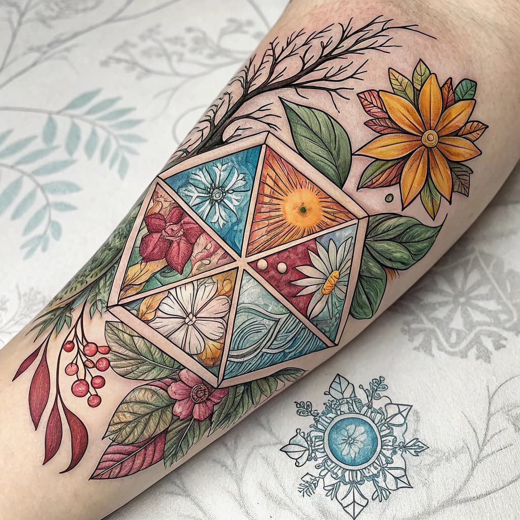 Abstract representation of the four seasons encircling the arm