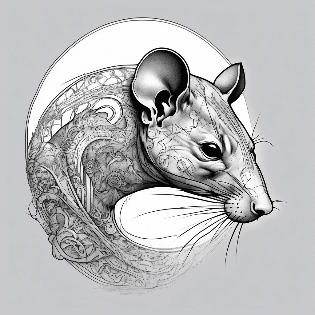 Full-body side view of a powerful ethereal rat, top half detailed with celestial patterns, bottom half fading into an abstract gradient.