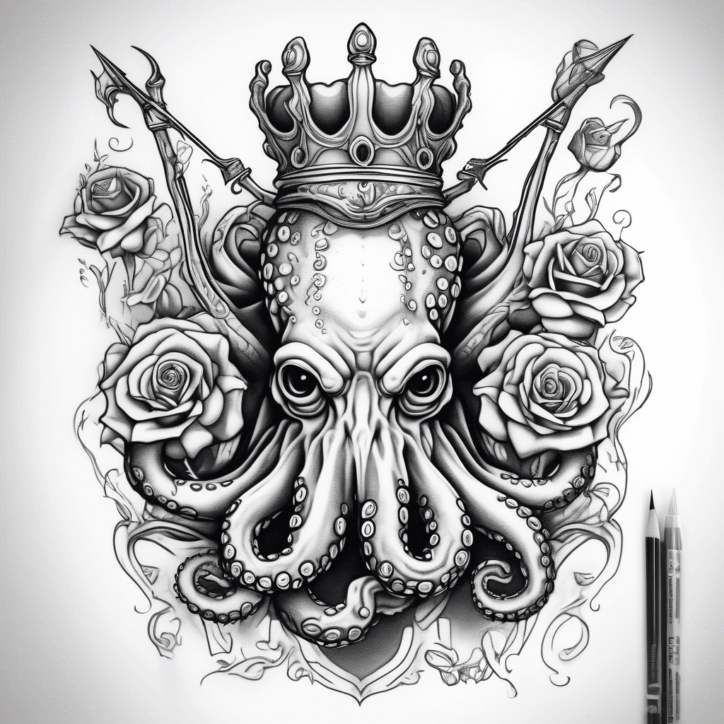 Octopus wearing a crown. Holding a brain, with an arrow through. One of the tentacles needs to hold the arrow. In another tentacle a rose should be held.