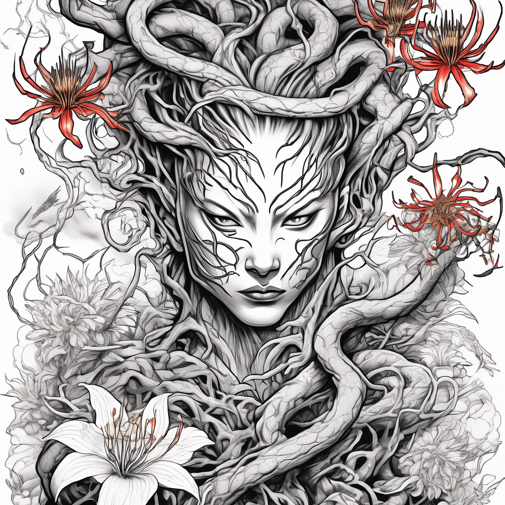 A venomous tree encircled by vibrant spider lilies, with a fierce Medusa emerging in the background, intertwining nature and myth.