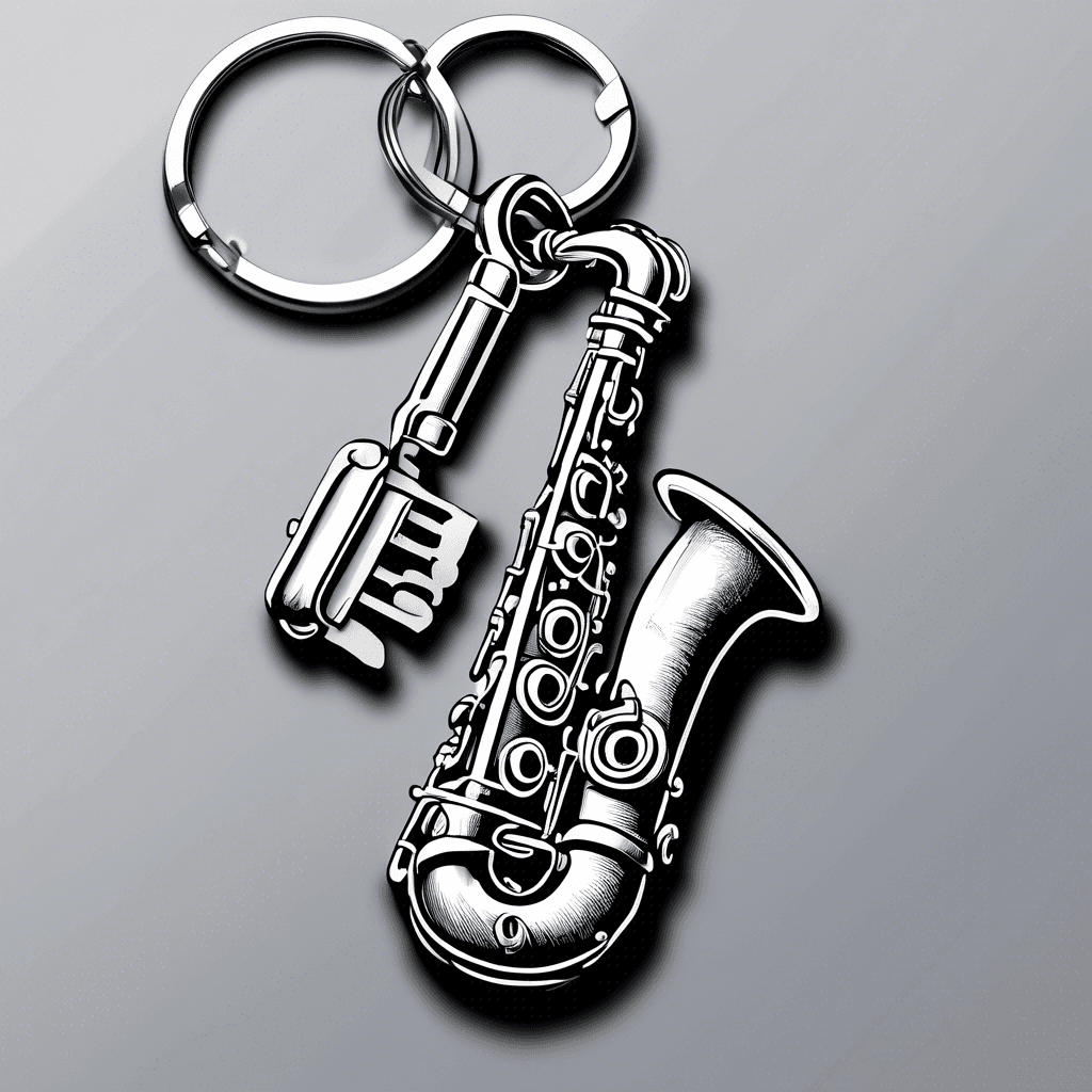 saxophone keychain with two fancy house keys on it