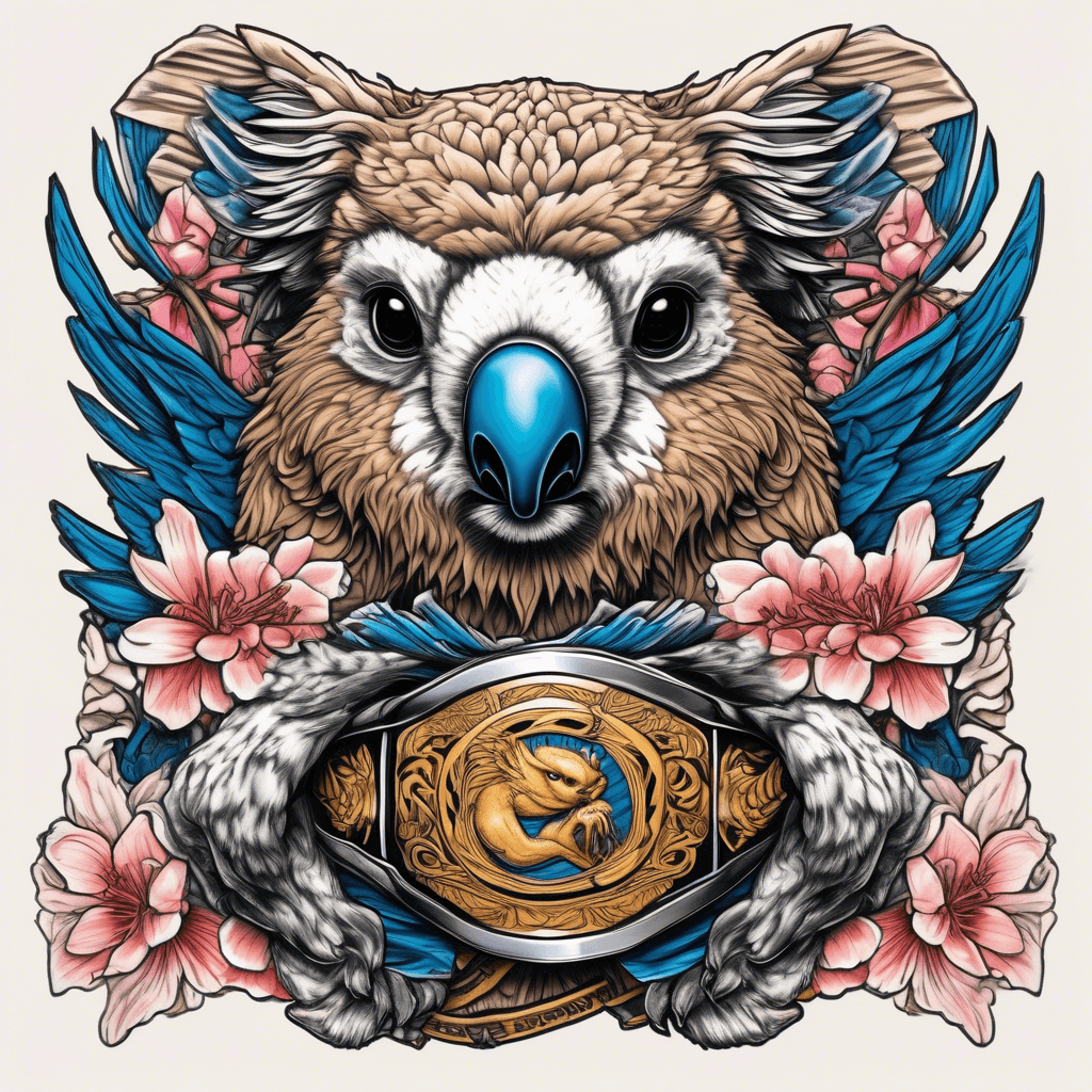 Winged eagle wwf championship title belt around the waist of a koala wearing a suitkoala