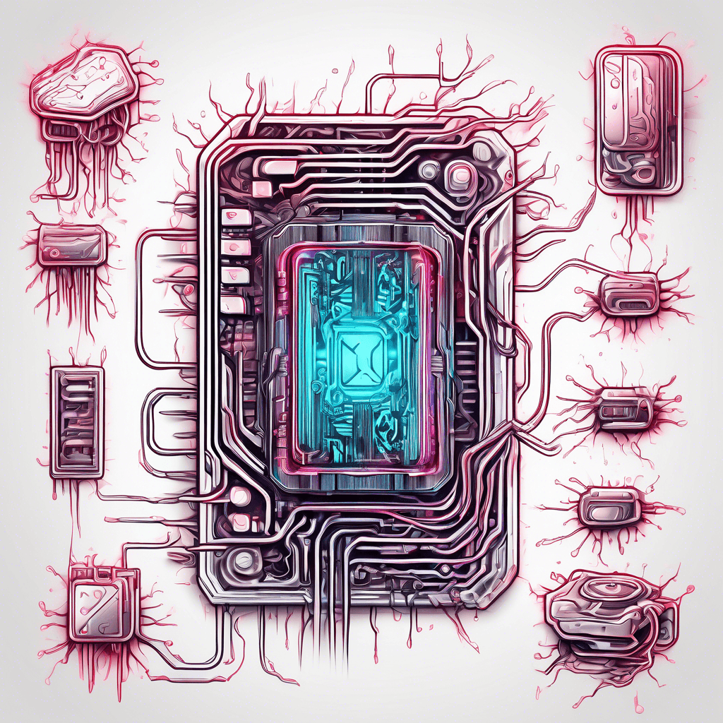 Bleeding computer chips made of flesh. Scifi. Bleeding neon gore. more gor. splashy