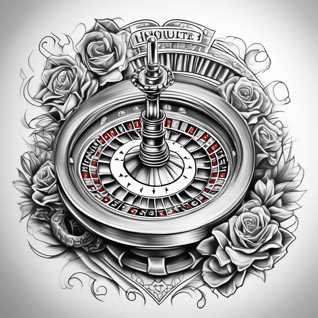 Chicano-style tattoo featuring a roulette casino table in side profile, embellished with a hand of playing cards artfully intertwined around it.