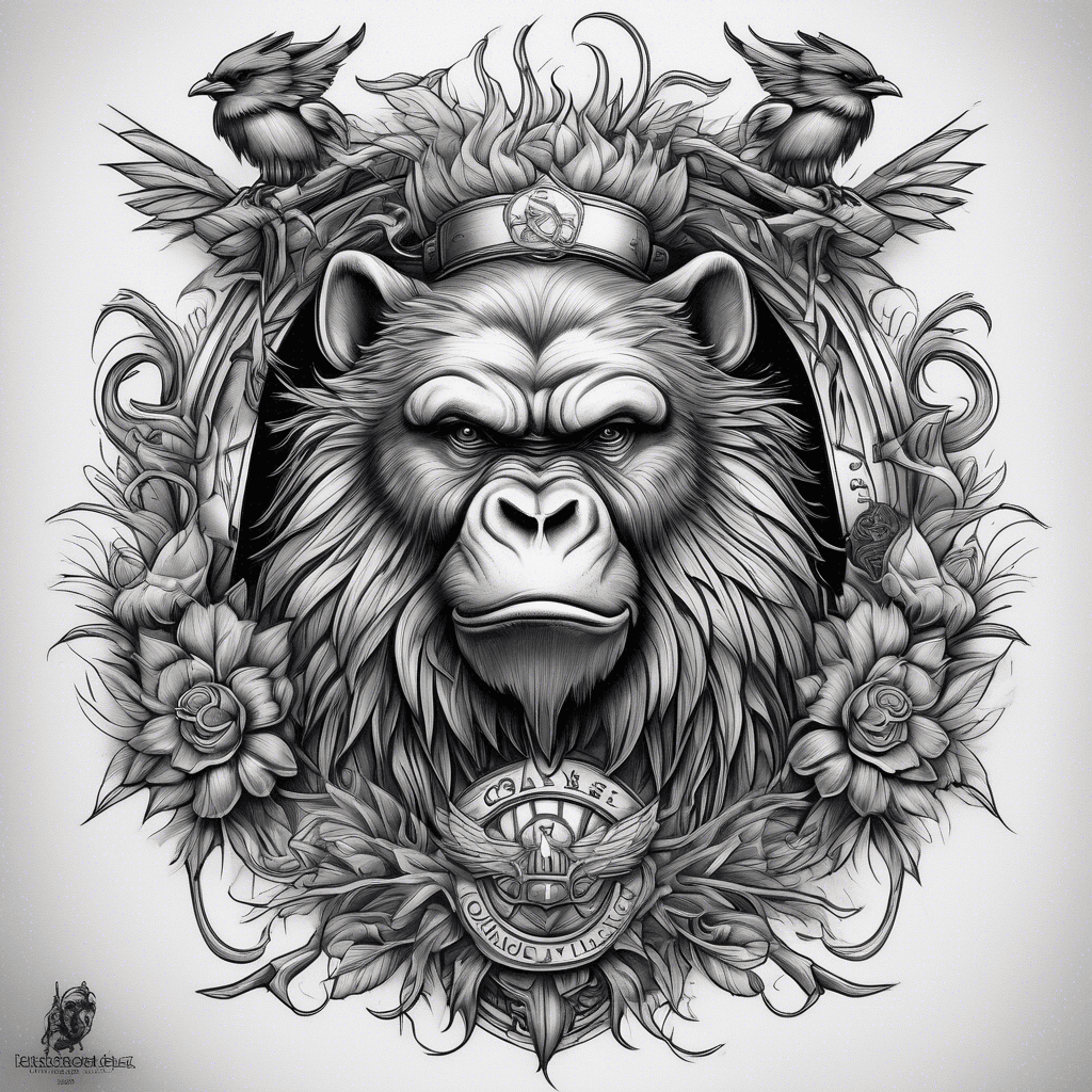 Create tattoo, family crest, objects, hook, values, family, loyalty, honor, brotherhood, usable animals, crows, wolves, gorillas