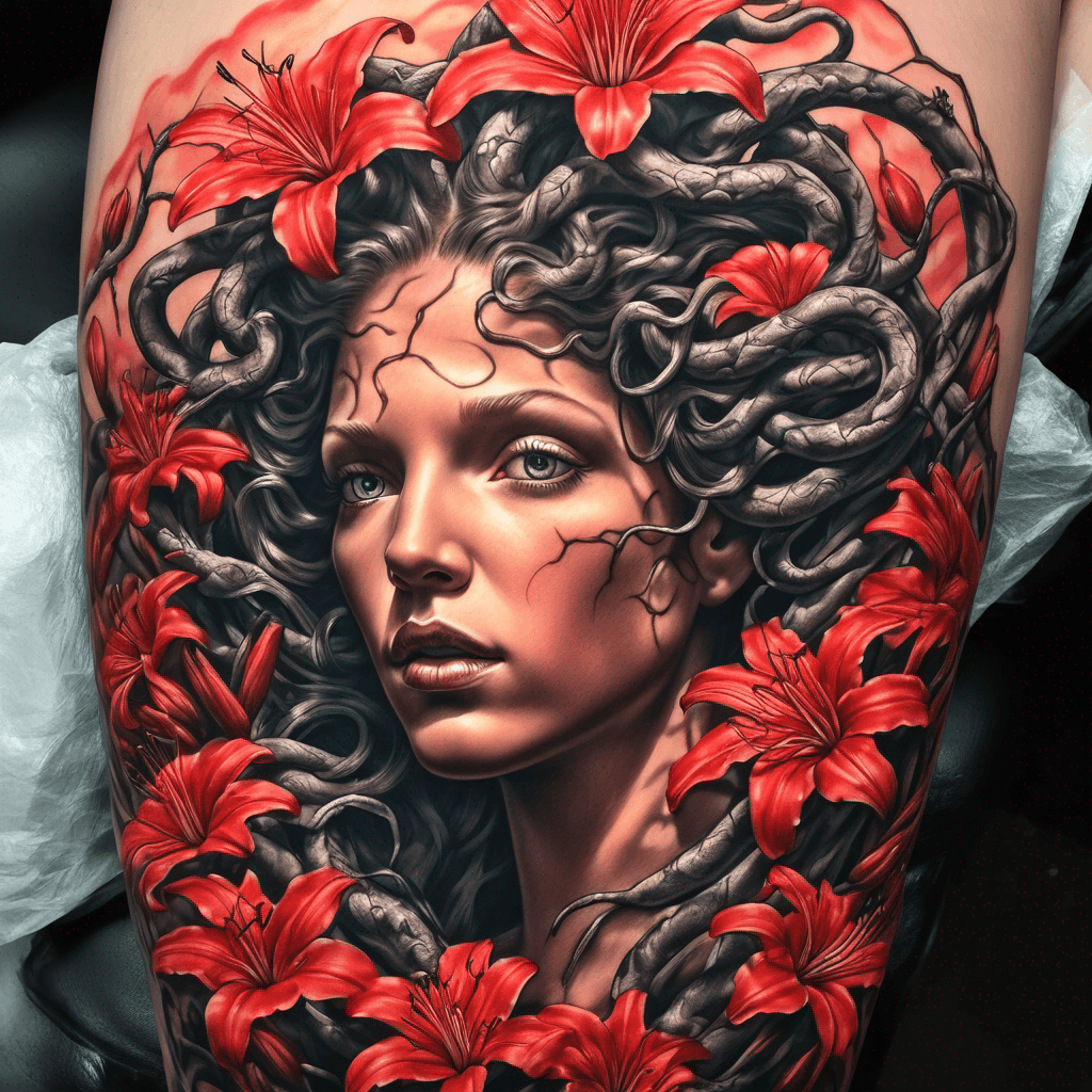 Medusa lounging against a gnarled poison tree, surrounded by vibrant red spider lilies under a twilight sky.