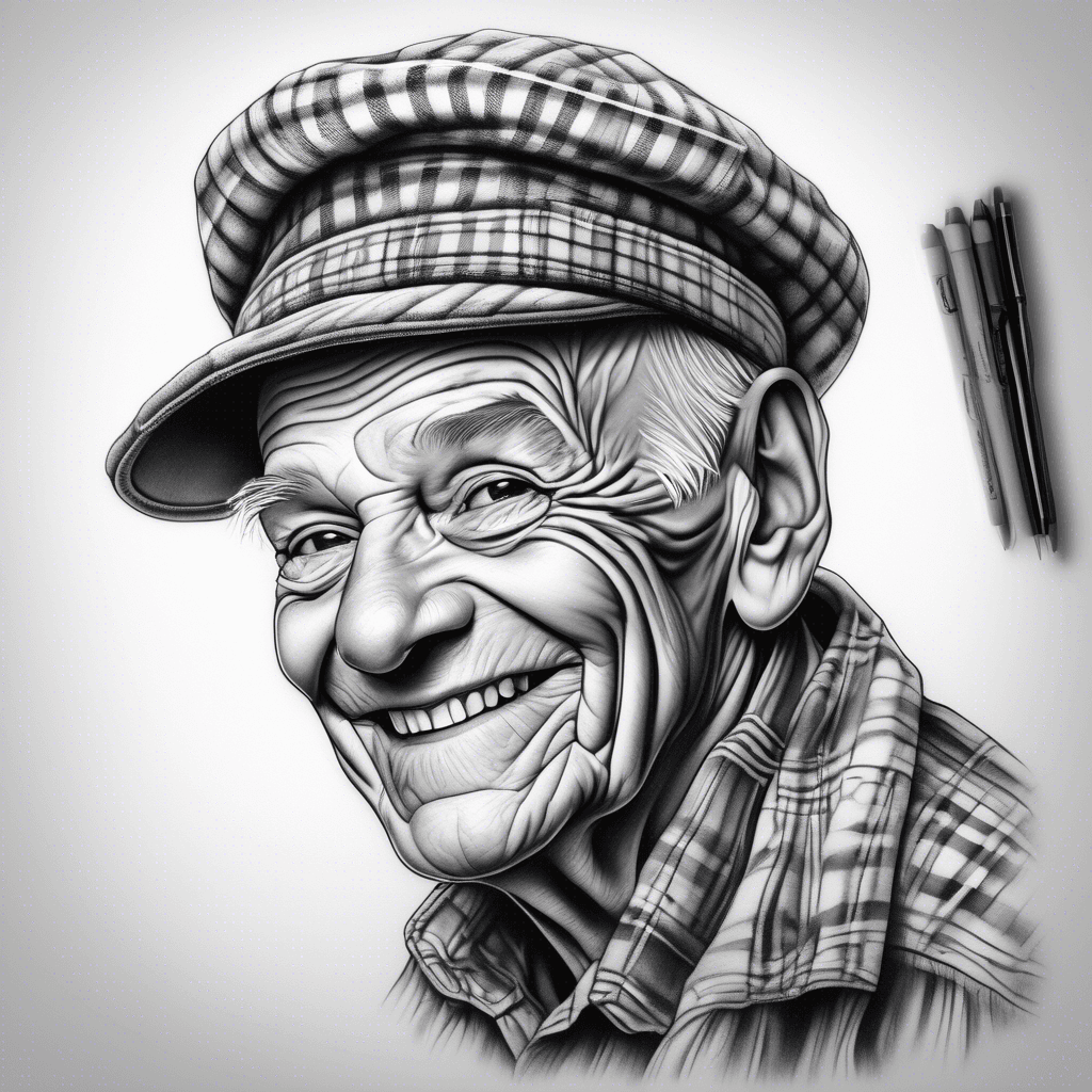 Realistic black and gray tattoo of an elderly man with a warm smile, wearing a black beret and a checkered shirt, clear facial features, ideal for a forearm tattoo