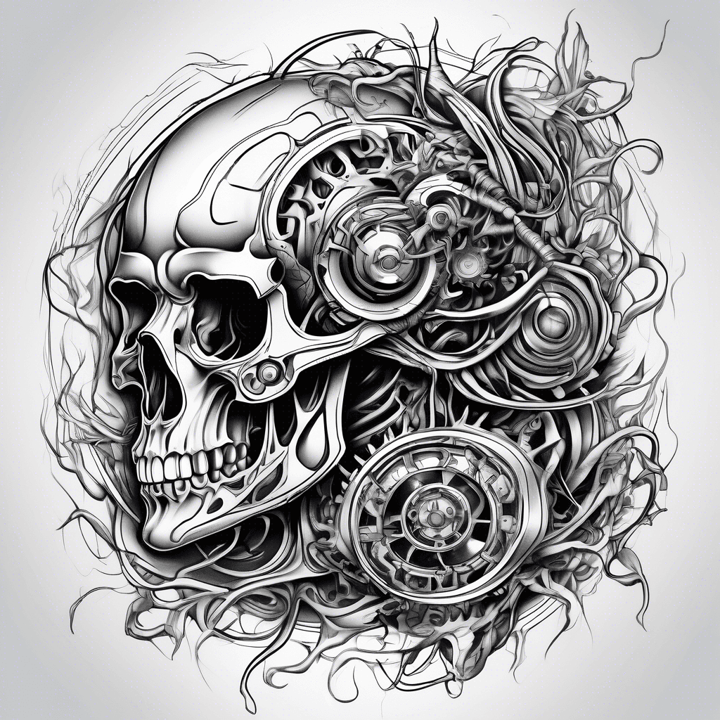 Biomechanical tattoos blending organic forms with technology.