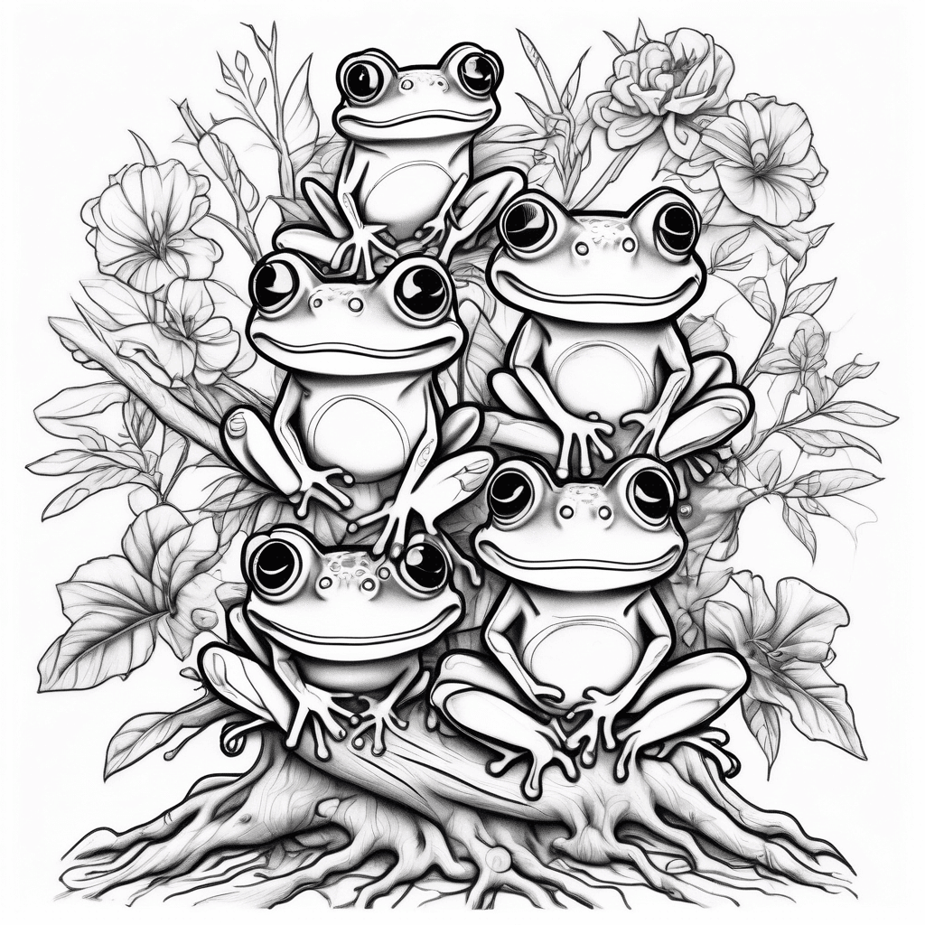 realistic colored thin line drawing of family tree with dad frog and mom frog at top of tree together, then a girl frog on her own branch, a boy frog on his own branch, then another girl frog on her own branch