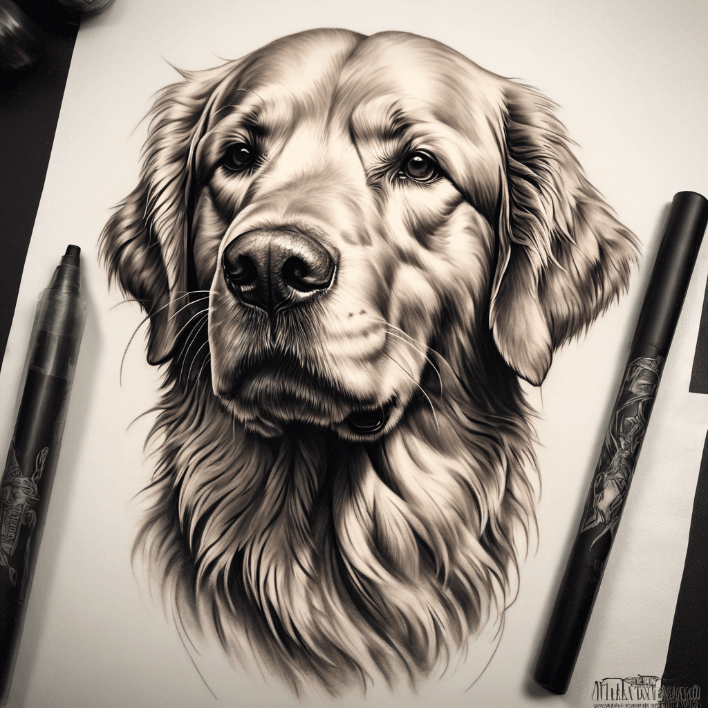 "Craft a tattoo of a wise and dignified Golden Retriever dog"